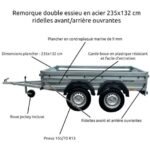 Remorque double essieu en acier 233 cm ridelles avant/arrière ouvrantes 235T Bâche plate – Image 2
